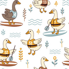 Seamless pattern with funny goose surfer. Summer print. Vector hand drawn illustration.