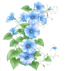 Obraz premium Serene Blue Morning Glories Cascade with Verdant Leaves on a Pristine White Canvas Botanical Elegance and Floral Grace Capturing the Essence of Spring