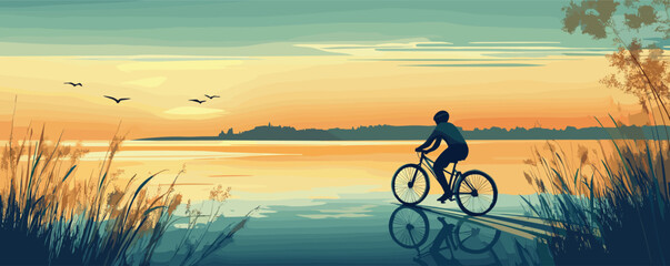 Obraz premium Sunset cycling by tranquil lake: peaceful evening ride with scenic view and nature reflection.