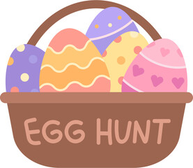 Vibrant Colorful Decorative Painted Easter Eggs in Basket with Egg Hunt Word illustration
