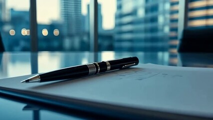 In a modern office, a sleek pen lies on a clean notepad, with highrises in the backdrop. Natural light boosts creativity and productivity, ideal for brainstorming and corporate meetings