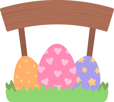 Colorful Easter Eggs Decorate in Glass with Blank Empty Wooden Arch Curve Signboard illustration