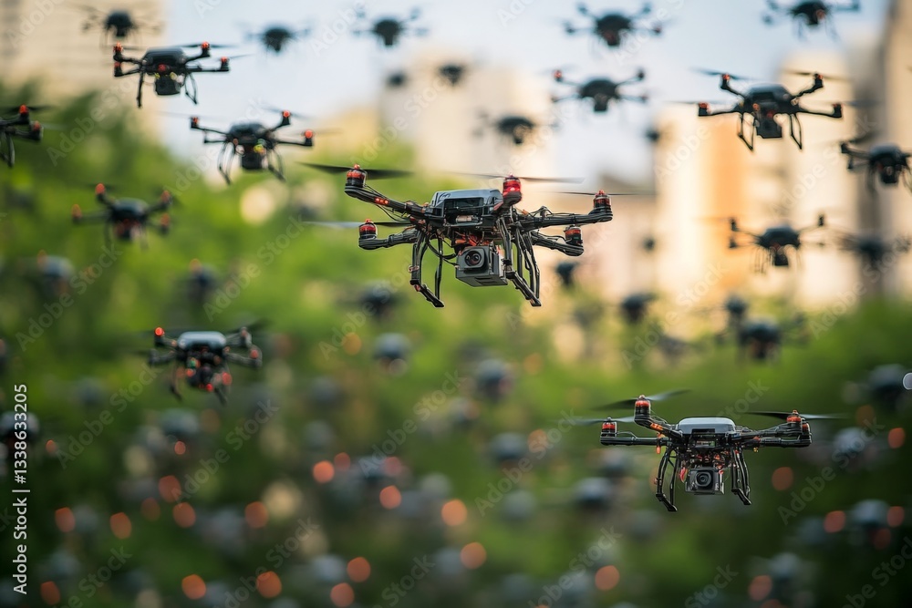 Poster innovative drone display illuminates urban skyline during evening event with synchronized movements