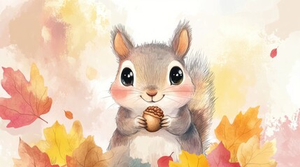 Fototapeta premium Cute Squirrel Holding Acorn, Autumn Leaves Background, Children's Illustration, Possible Use Educational Material