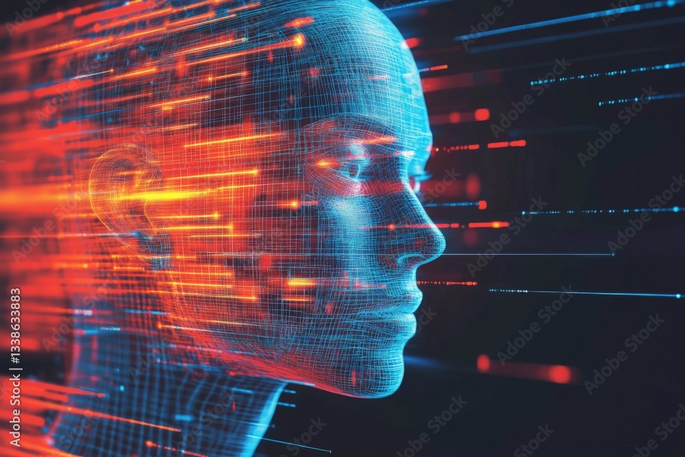 Poster futuristic digital representation of a human face with vibrant data streams illustrating technology 