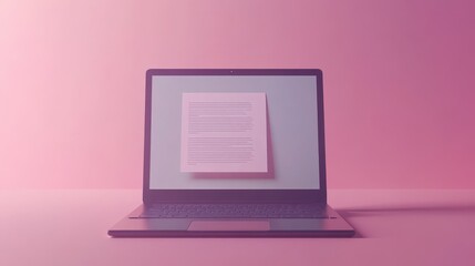 Modern Laptop with Floating Paper on Soft Pink Background