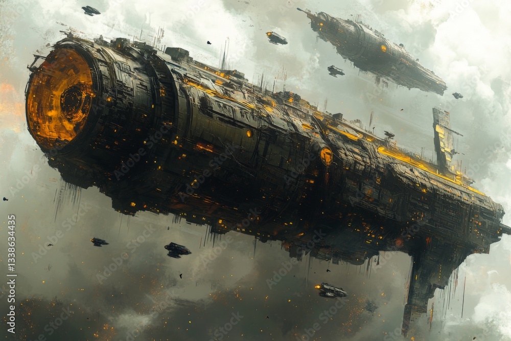 Poster futuristic spaceships hovering over a dystopian cityscape with dramatic clouds and glowing accents