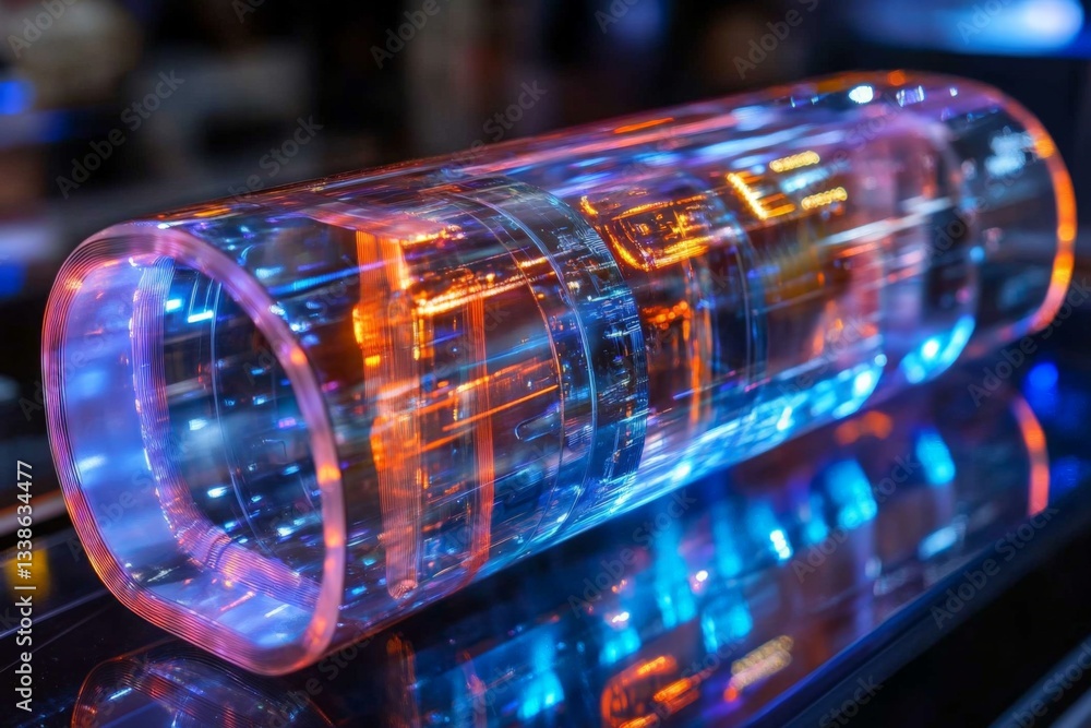 Poster Futuristic technology display featuring a translucent cylinder emitting colorful lights at a tech convention