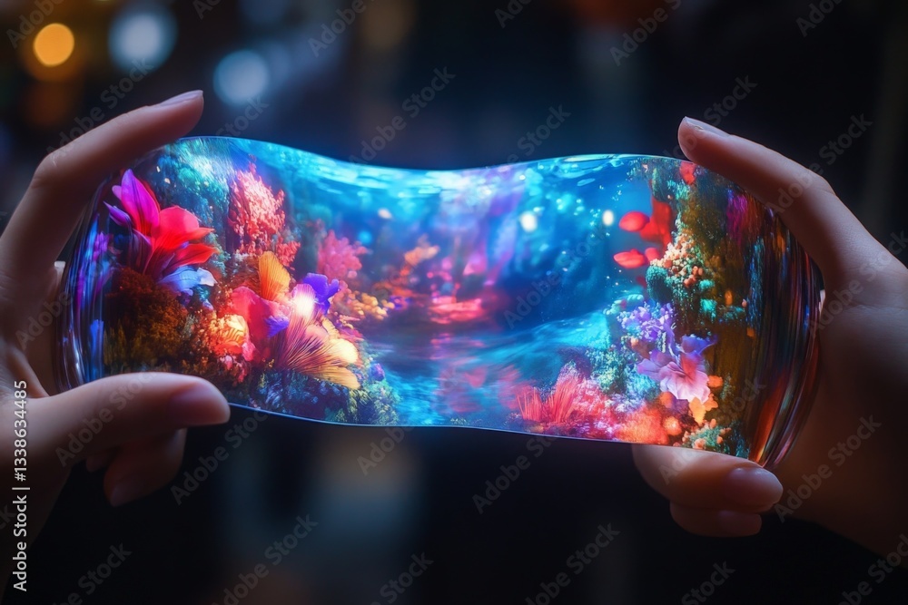 Poster hands holding a translucent screen displaying a vibrant underwater landscape filled with colorful co