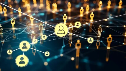 This striking visual represents a digital network connecting diverse people. Golden silhouettes are interconnected through dynamic lines, symbolizing collaboration and advancing technology - Powered by Adobe