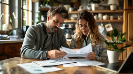 Couple discussing budget plans for family financial future in cozy home setting