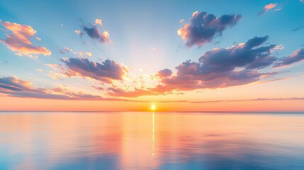 Sunset over ocean landscapes idea. A serene sunset over a calm ocean, with vibrant colors reflecting on the water.