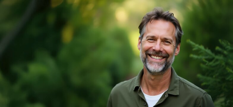 Portrait joyeux d&rsquo;un homme m&ucirc;r avec une barbe regardant la cam&eacute;ra avec un fond de nature verte. Les gens profitent d&rsquo;activit&eacute;s de loisirs en plein air seul. Touriste dans le parc. Homme adulte heureux