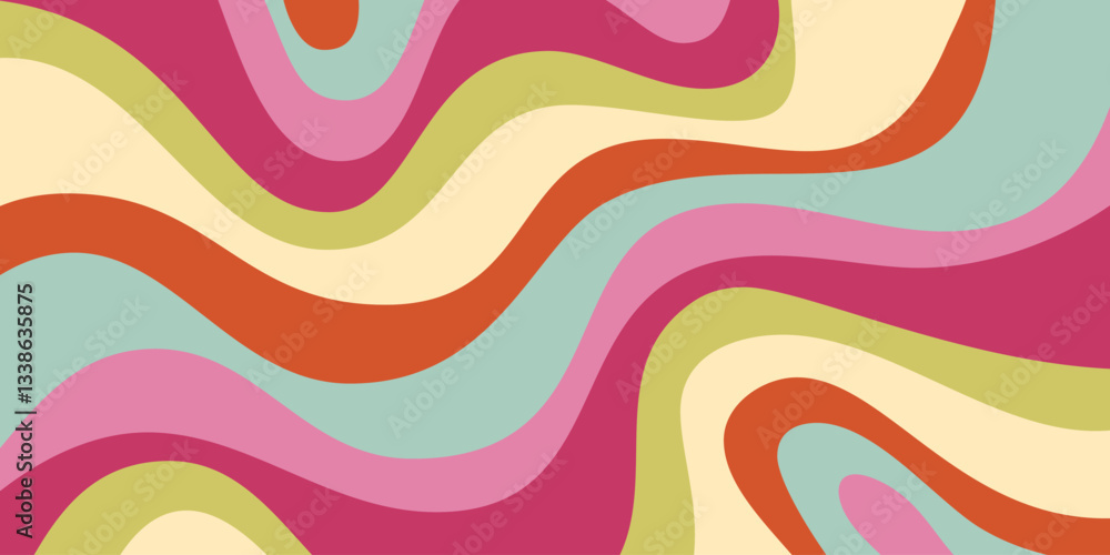 Poster Abstract Geometric Wavy Background. Cool Funky Art Vector Design. Groovy Trippy Hippy Pattern. Psychedelic Y2k Texture. Retro Fun Bg.