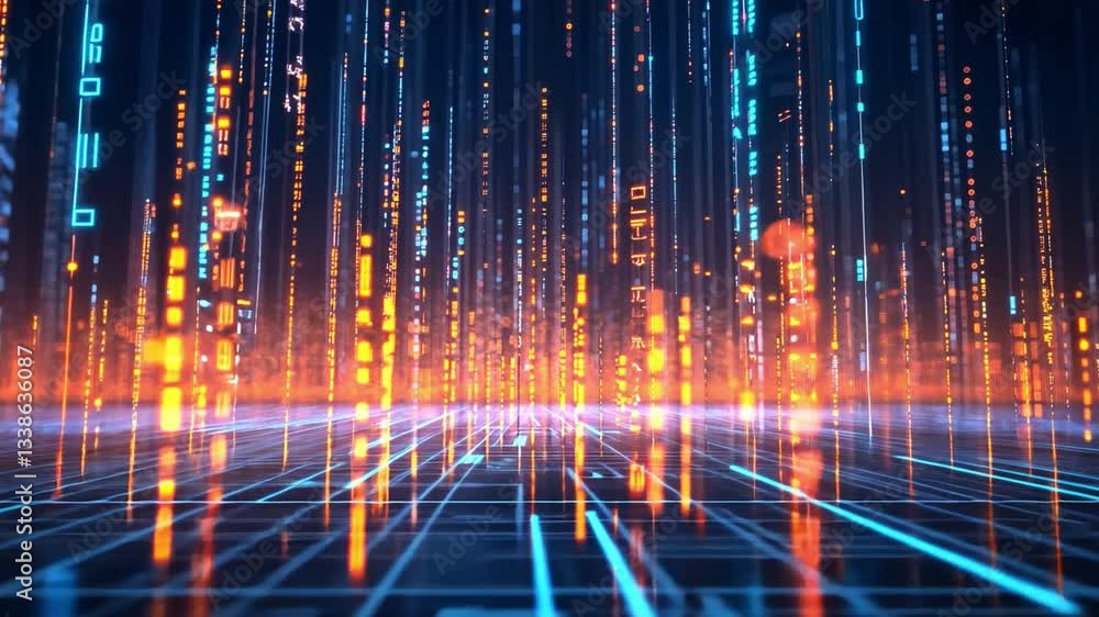 Poster vibrant digital landscape glowing lines and data streams create futuristic atmosphere with bright ne