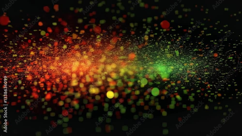 Poster vibrant abstract background with colorful particles in red, orange, green, and yellow, creating dyna