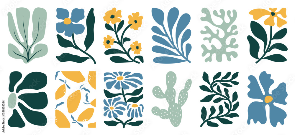 Poster botanical doodle background art vector set. flower and leaves abstract shape doodle art design for p