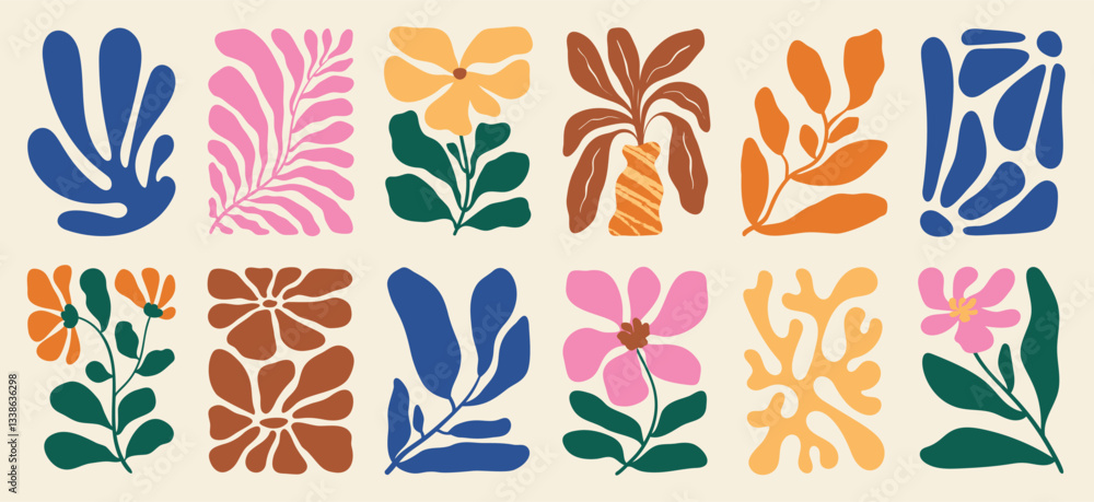 Aufkleber botanical doodle background art vector set. flower and leaves abstract shape doodle art design for p