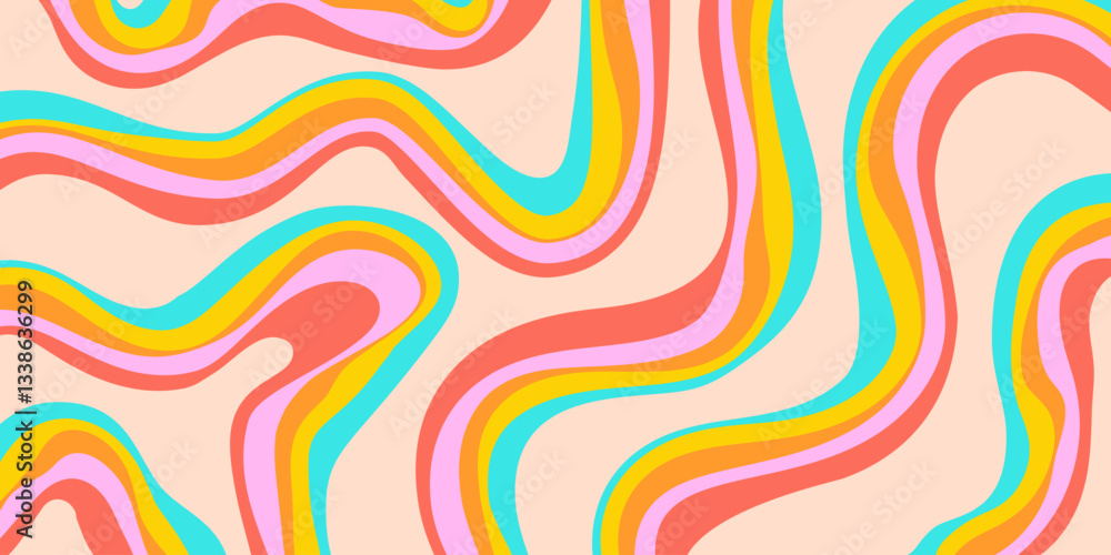 Fototapete Rainbow Wavy Abstract Backgound. Cool Colorful Playful Texture. Groovy Psychedelic Stripes. Y2k Funny Vector Texture. Pop Art Retro Bg.