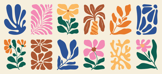 Botanical doodle background art vector set. Flower and leaves abstract shape doodle art design for print, wallpaper, clipart, wall art for home decoration. 