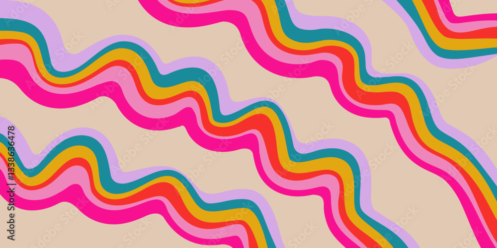 Poster Rainbow Wavy Abstract Backgound. Cool Colorful Playful Texture. Groovy Psychedelic Stripes. Y2k Funny Vector Texture. Pop Art Retro Bg.