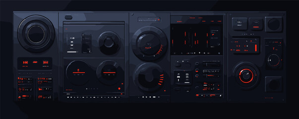 Fototapeta premium Futuristic control panel with digital displays and interactive elements in moody lighting.