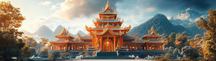 Naklejka premium a stunning golden temple in the mountains with intricate details. The architecture showcases cultural richness and historical significance