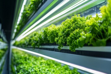Indoor vertical garden showcasing vibrant greens thriving under artificial lighting