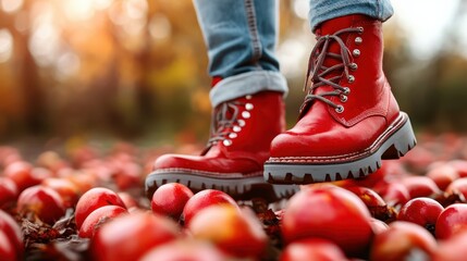 A pair of striking red boots stands prominently over an array of fresh red apples, vibrant colors and autumn leaves reflecting the joys of the fruit-picking season.