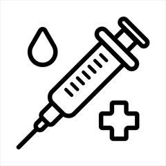 Syringe and Medicine Icon. A syringe with a drop, cross symbol, and medical context, representing vaccination, injection, or medical care