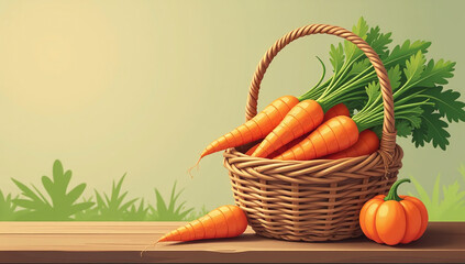 flat illustration basket containing ripe carrots autumn farm market scene vegetable elements harvest