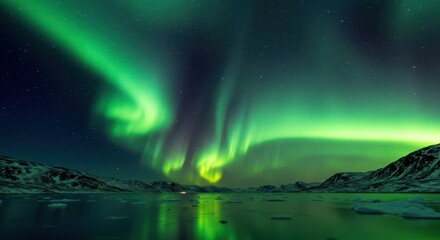 Aurora Borealis Dancing Over Icy Landscape with Mountain Range Backdrop