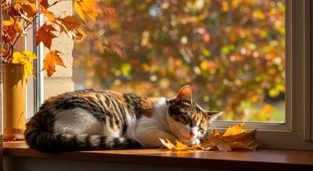Cozy autumn cat sleeping by sunny window with colorful leaves