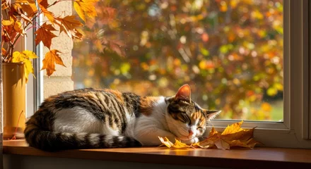 Gardinen Cozy autumn cat sleeping by sunny window with colorful leaves © IbragimovN