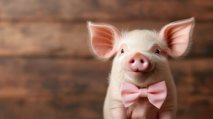 This adorable piglet, wearing a pink bow tie, exudes charm and playfulness, set against a rustic wooden backdrop, inviting joy and warmth into the viewer's heart.