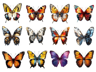 Set of colorful butterfly collection isolated on transparent background, Cutout PNG