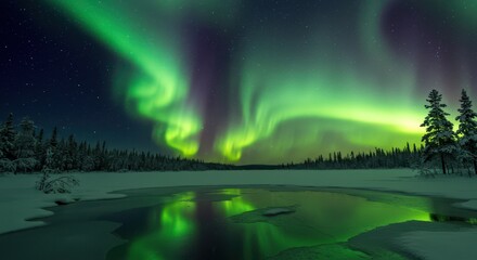 Aurora Borealis Illuminating Snowy Landscape with Water Reflection at Night