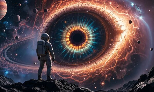 Astronaut standing in front of a giant glowing eye with cosmic patterns, symbolizing the unknown and deep space mysteries