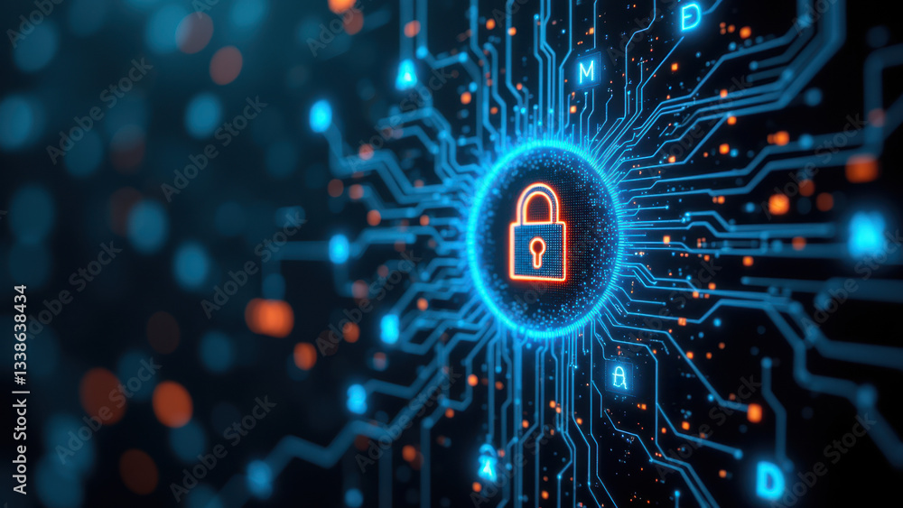 Poster a digital illustration of a lock with circuit board elements, emphasizing cybersecurity and data pro