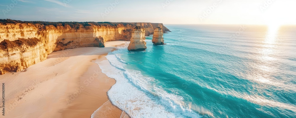 Poster Seaside cliffs landscapes idea. Stunning coastal view with cliffs and waves during golden hour in the background.