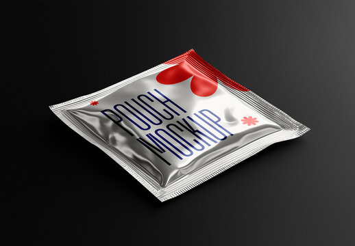 Foil Sachet Mockup &ndash; Sealed Metallic Snack Pack on Dark Background with Playful Design