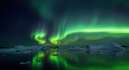 Aurora Borealis Over Calm Water with Icebergs at Night