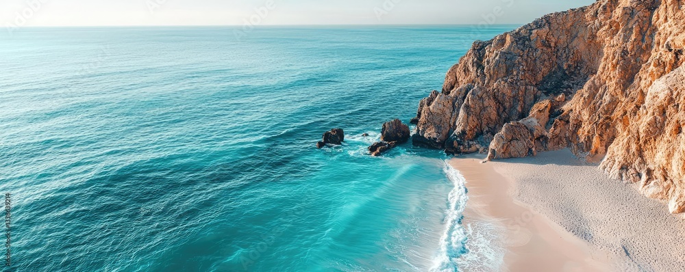 Poster Seaside cliffs landscapes idea. Serene beach view with azure waters and rocky cliffs under a clear sky.