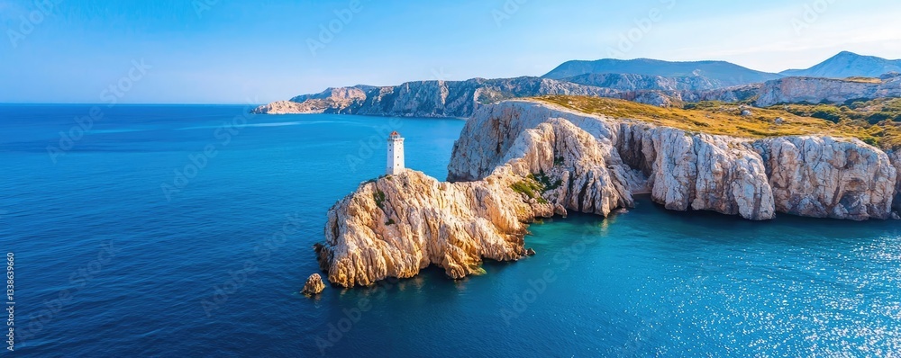 Poster seaside cliffs landscapes idea. breathtaking view of a coastal lighthouse overlooking clear blue wat