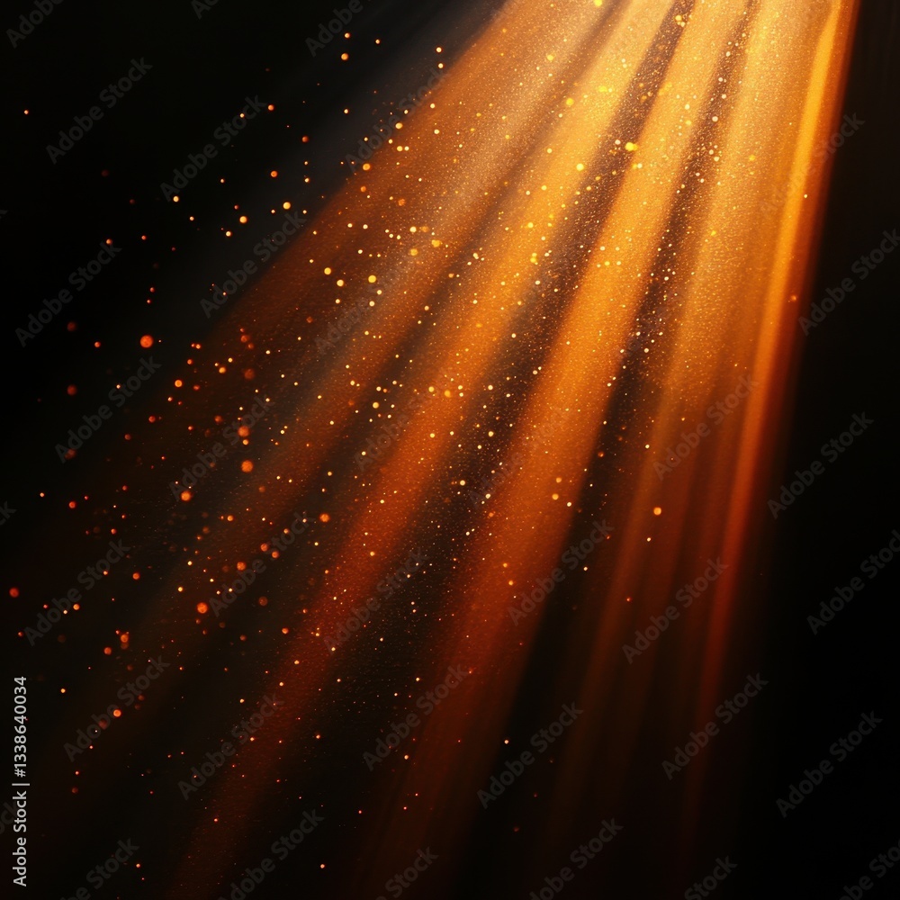 Poster golden light rays illuminating dark background with sparkling dust creating a magical atmosphere for