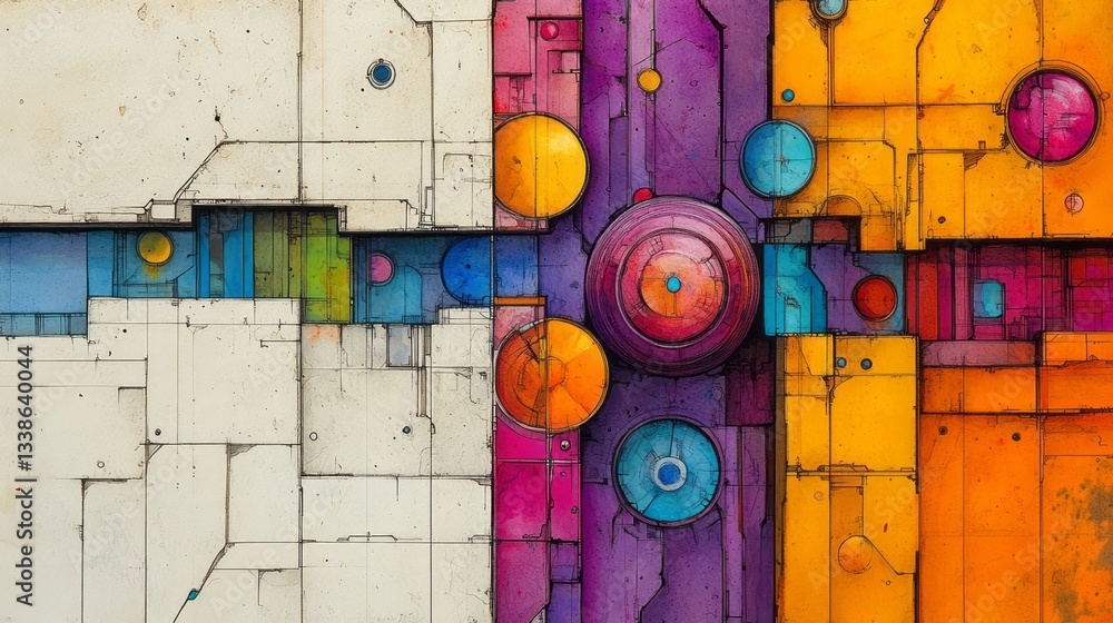 Poster colorful abstract geometric composition featuring circles and rectangular shapes