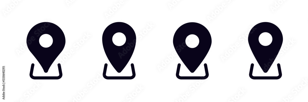 Poster black map location symbols arranged in a neat horizontal row, simple and straightforward in design.