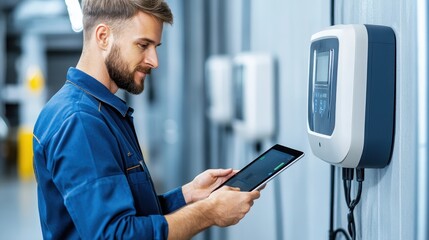 Professional Inspects Charging Unit With Digital Tools.