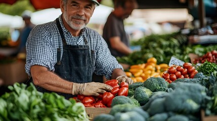 Greengrocer arranging fresh produce at farmers market stall