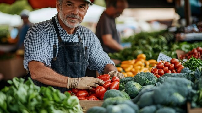 Greengrocer arranging fresh produce at farmers market stall - Powered by Adobe